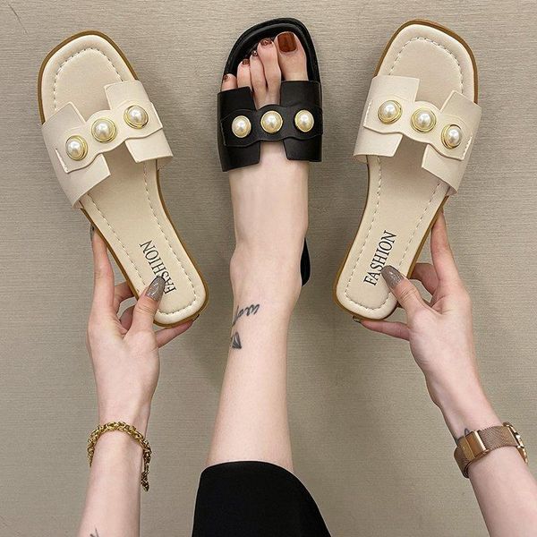 

pearl women sandals style summer shoes for flat rubber slippers 2021 leather slides plus size femme flip flop, Black