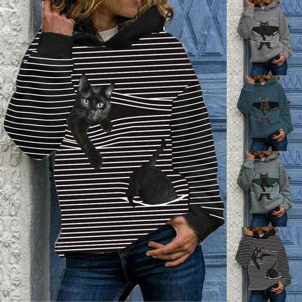 

fashion hoodies funny cat printed women's long sleeve hooded sweater, Black