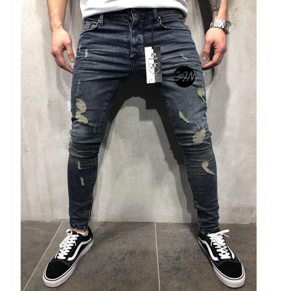 

men's jeans stretchy skinny pencil pants destroyed frayed moustache effect trousers fashion streetwear ripped, Blue
