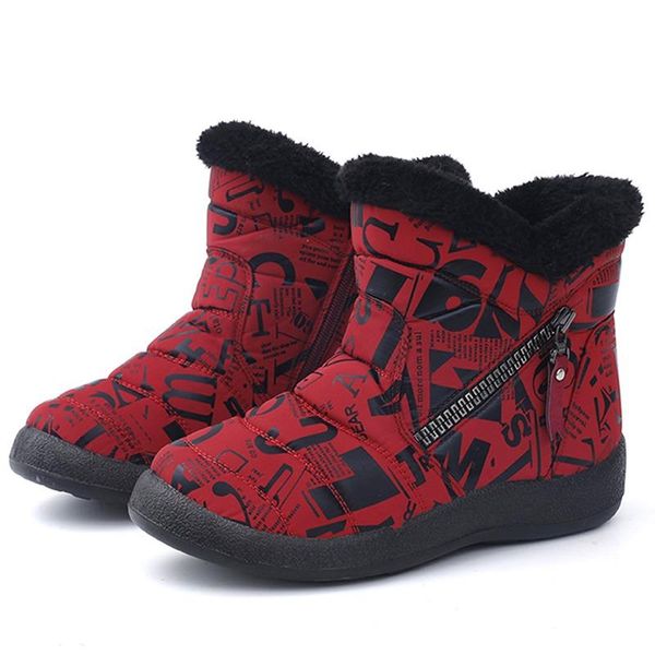

boots winter women printed waterproof ankle for ladies zipper plush warm female flats snow, Black