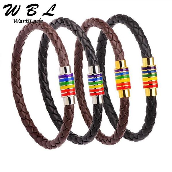 

charm bracelets wbl 2021 genuine braided leather bangles men women rainbow colorful stainless steel magnetic clasp jewelry, Golden;silver
