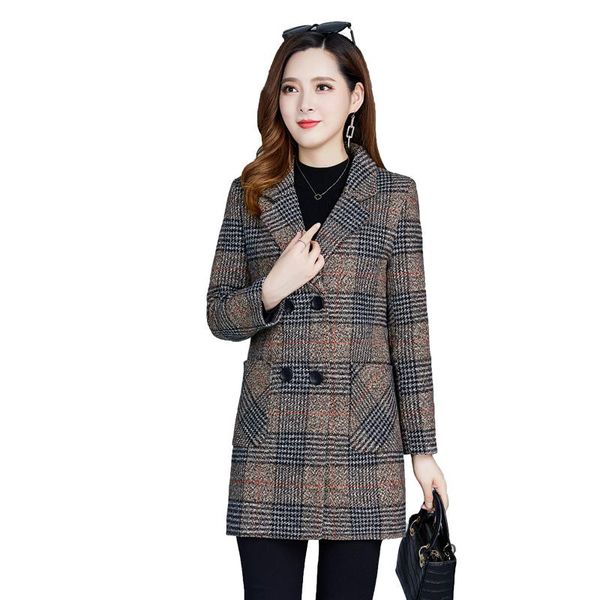 

autumn winter blended wool coat woman plaid jacket mid-long slim coats jackets ladies double breasted elegant woolen outerwear women's, Black