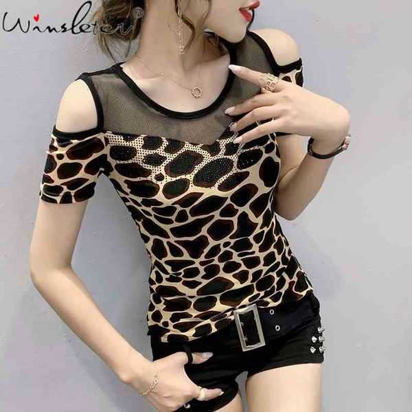

women's t-shirt summer european clothes chic off shoulder shiny diamonds leopard patchwork women short sleeve tees t1521, White