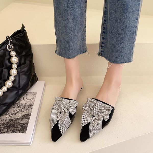 

slippers women slip on slides fashion pointed toe butterfly-knot sandals female outdoor flat flip flops women's slipper, Black