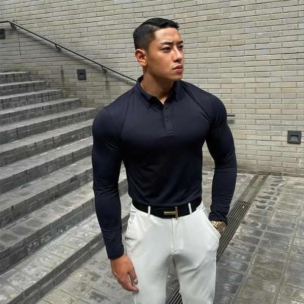 

men's polos style autumn men clothing stretch cotton business body-building trend fashion male shirt long sleeve breathable, White;black