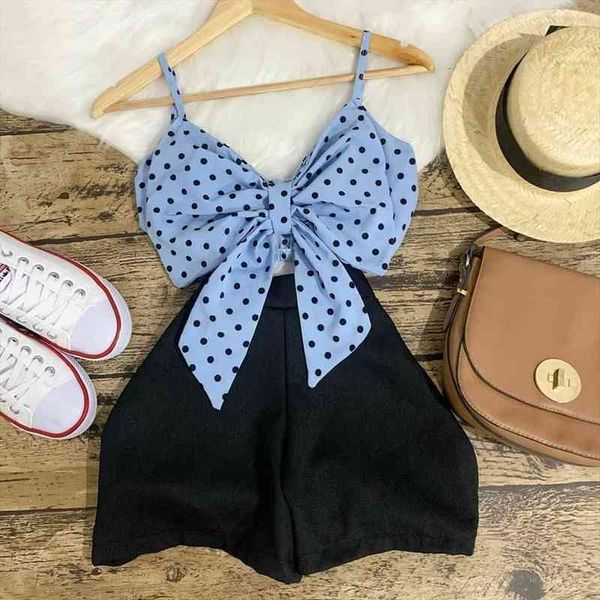 

2-7y lovely infant kids girls clothes sets polka dot bow strapless vest solid shorts 2pcs, White