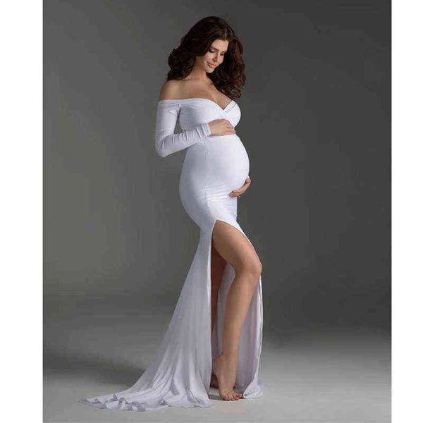 Langarm High Split Maxi Umstandskleider für Fotoshooting Sexy V-Ausschnitt Schwangerschaftskleid Fotografie Schwangere Frauen Babyparty G220309