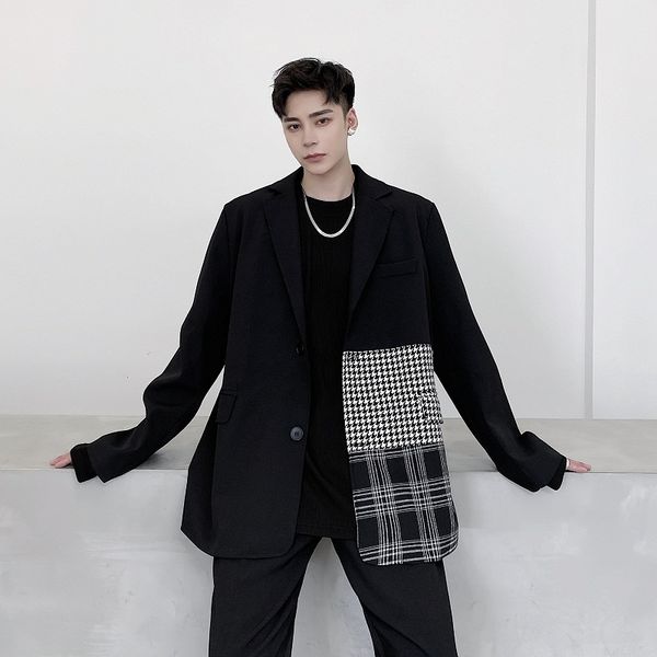 

men's suits & blazers men plaid splice retro casual loose jacket male japan korea streetwear vintage coat outerwear eaqi, White;black