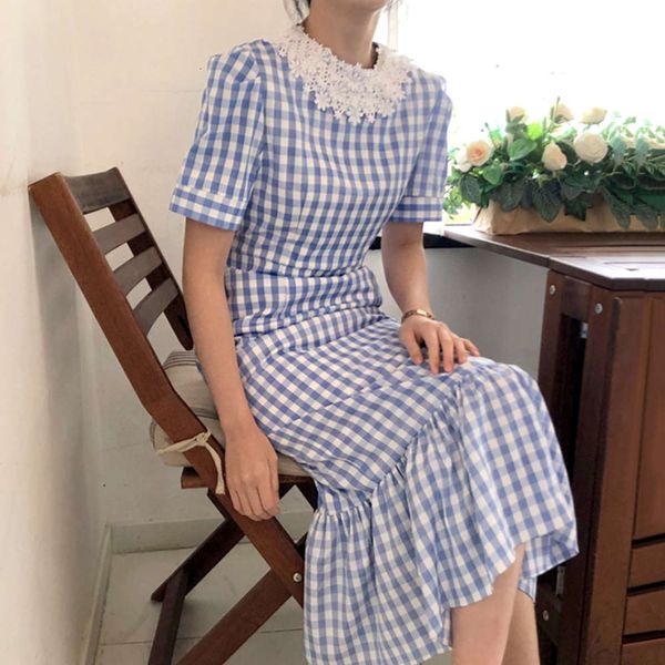 

casual dresses dress women clothessouth french round neck lace hook flower stitching waist slim short sleeve fishtail plaid for 18j5, Black;gray