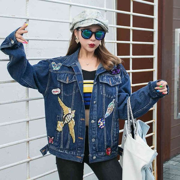 

jackets european station autumn loose fashion heavy industry beaded sequined denim female long-sleeved jacket trend, Black;brown