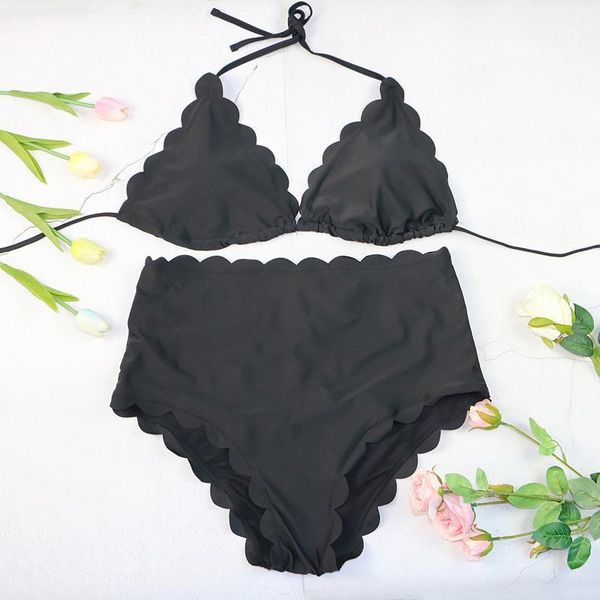 

women's shell edge bikinis padded bikini 2021 arrival halter high waist swimsuit black swimwear women #1g, White;black