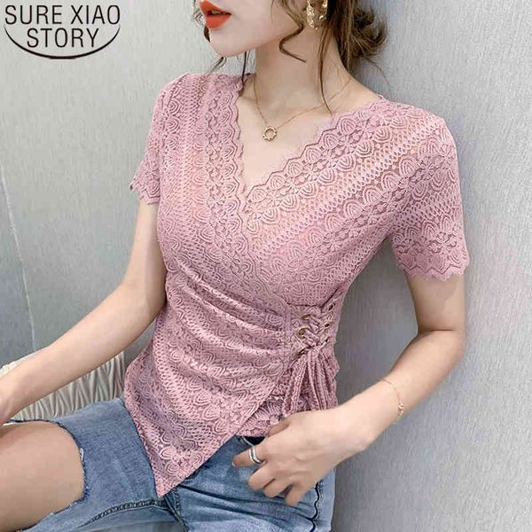 

v-neck lanyard shirt summer lace short sleeve shirts fashion floral blouse women blusas 13432 210417, White