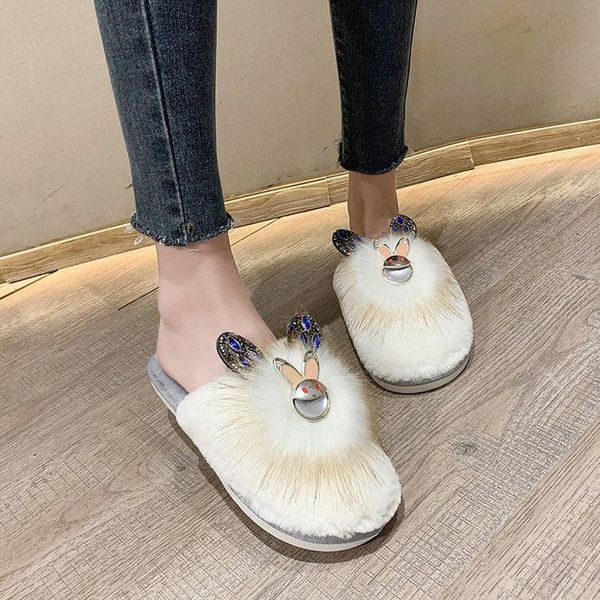 

ladies furry winter warm cotton slippers pattern rhinestone indoor plush flat women, Black