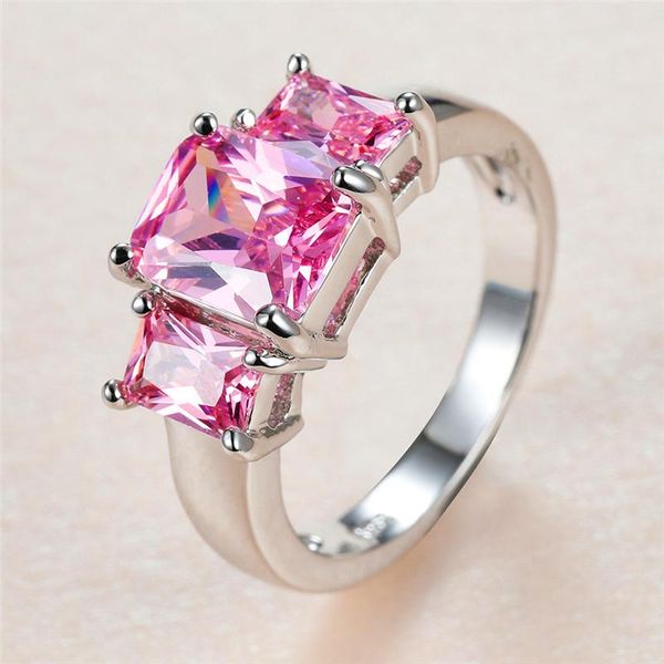 

Romantic Pink Zircon Ring Luxury Crystal Stone Rings For Women Wedding Jewelry Vintage Fashion Silver Color Square Bridal, Slivery;golden