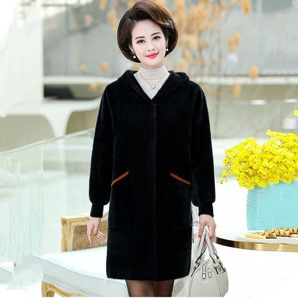 

women's wool & blends women winter coat quality mink fleece autumn jacket korean double-sided cashmere loose 6xl plus size, Black