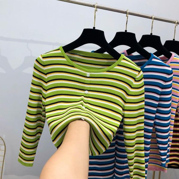 

women's sweaters 2021 color striped button slim middle sleeve three-quarter turtleneck ice silk knit women 1012, White;black