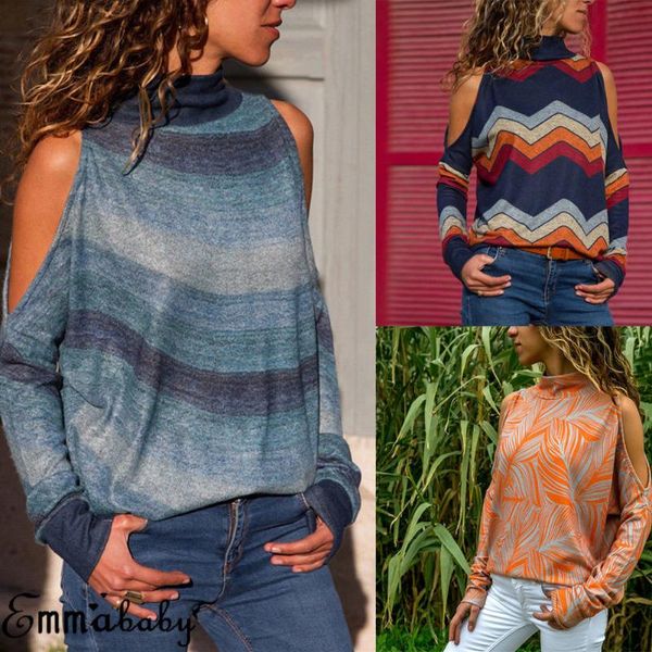 

women's blouses & shirts 2021 brand womens long sleeve ladies jumper pullover striped bare shoulder blouse autumn winter elegant, White