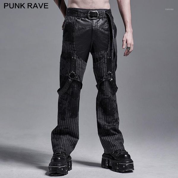 

men's punk print striped loose straighrt pants daily casual cotton wide leg, Black