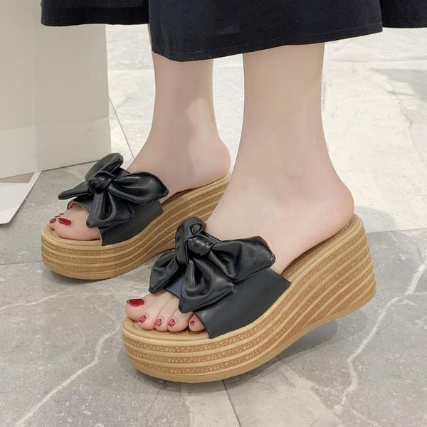 

slippers flipflops for women summer high heel shoes bow knot wedges party platform beach slipper femmes chaussures#0325, Black