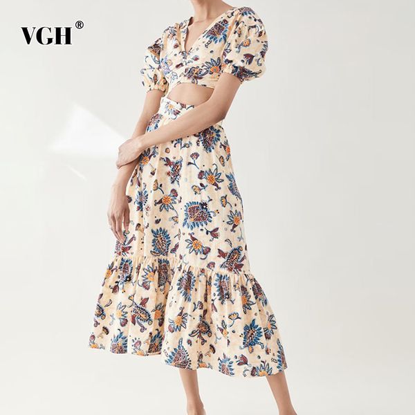 

vintage print two piece set for women v neck lantern short sleeve high waist midi skirts casual slim sets female summer 210507, White