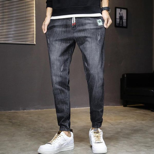 

men's jeans fashion brand denim loose straight elastic waist drawstring trend casual trousers with feet large size, Blue
