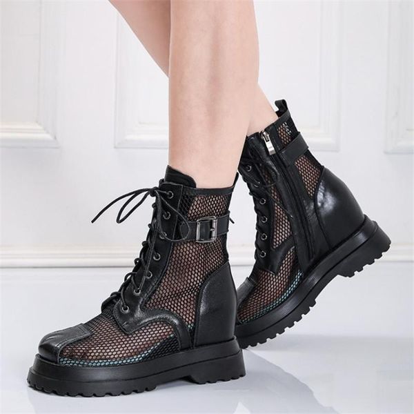 

boots pxelena street women gothic mesh genuine leather buckle hidden high heels platform punk rock shoes 2021 spring fall, Black