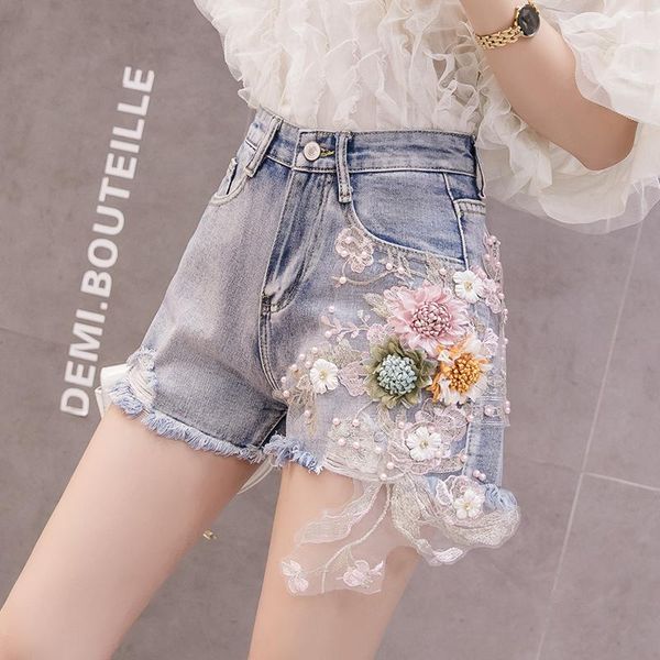 

women's jeans zoki elegant women summer high waist embroidery lace ladies denim shorts korean ripped tassel cotton female wide leg jean, Blue