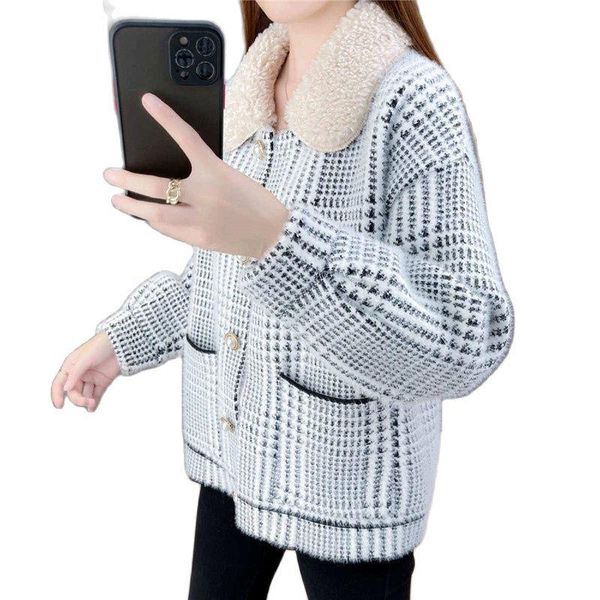 

women's wool & blends imitated mink velvet short coat autumn winter 2021 jacket all-match outwear cardigan loose woolen overcoat ladies, Black