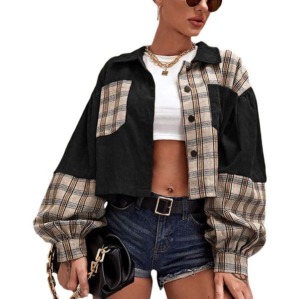 

women's jackets imcute corduroy check splicing jacket lapel button long sleeve short street spring/autumn fashion slim coat, Black;brown