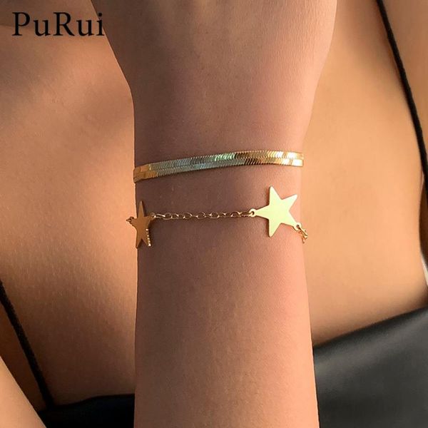 

link, chain 2pcs/set bohemian 2021 gold color flat snake bracelets bangles for women stars bracelet accessories jewelry gift, Black