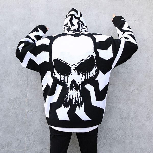 

autumn winter men skulls oversized sweater punk hip hop pull homme women plus size pullover warm knitted sweaters korean clothes, Black