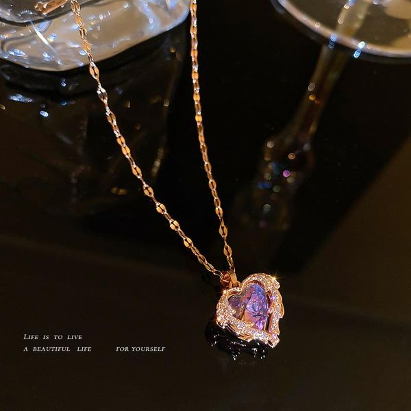 

chains lovelink fashion hollow pink crystal heart pendant necklace for women zircon accessories party jewelry, Silver