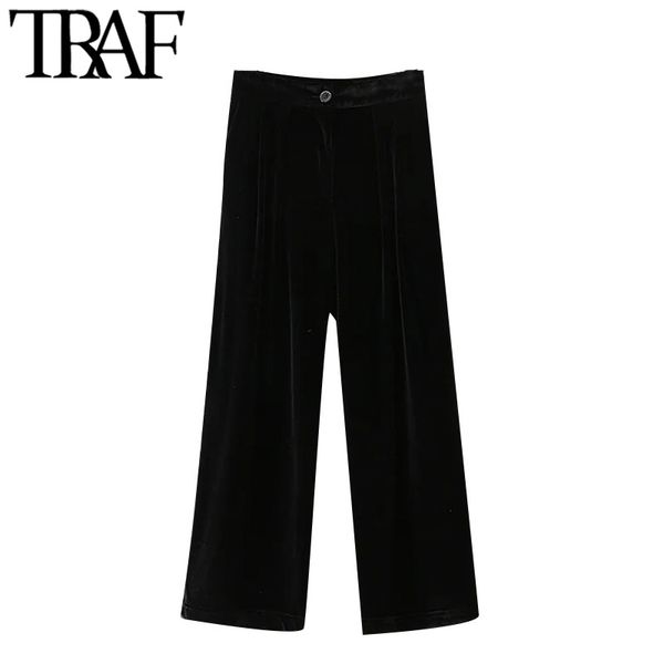 

traf women fashion office wear straight velvet pants vintage high waist side pockets female ankle trousers mujer 210415, Black;white