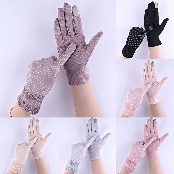 

five fingers gloves dot lace sunscreen summer spring lady stretch touch screen anti uv slip resistant driving glove breathable women guantes, Blue;gray