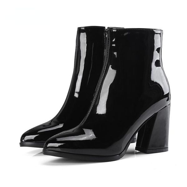 

boots patent leather heels women pointed toe footwear female punk shoes woman 2021 autumn ankle zipper, Black