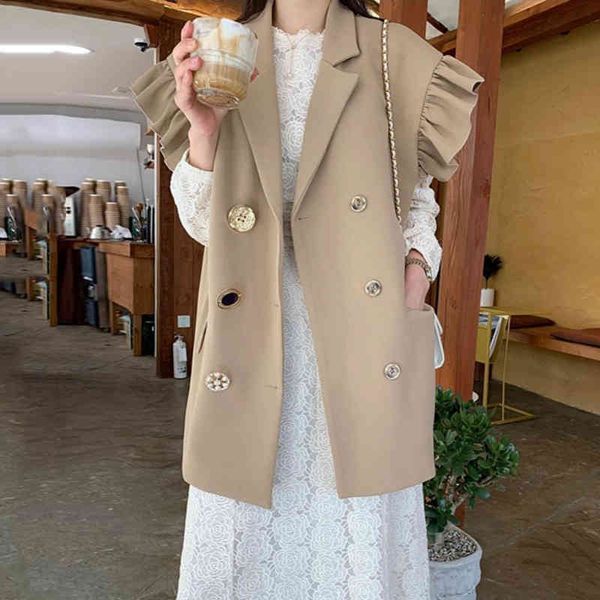 

women's vests [ewq] summer ruffles turn-down collar loose khaki vest office lady elegant simple ladies jacket chic women coats izaf, Black;white