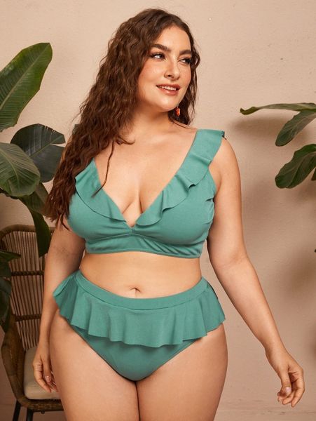 

plus rib ruffle trim bikini swimsuit j6bf#, Black