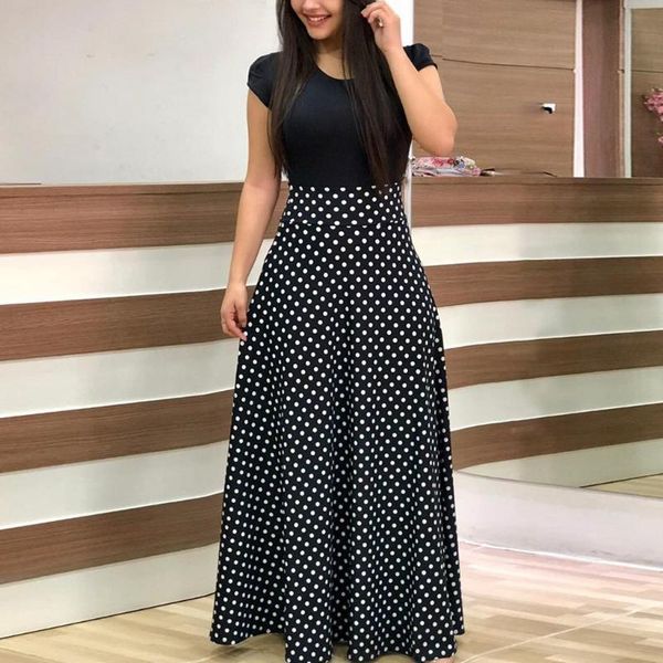 

casual dresses summer women's fashion retro dot print short sleeve v-neck high waist slim long dress party vestidos robe, Black;gray