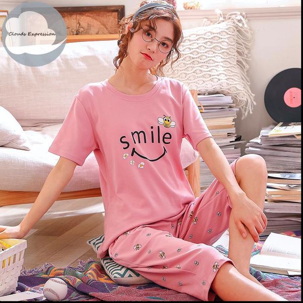 

summer knitted cotton cartoon women sleepwear pajamas sets pyjamas nightwear pijama mujer plus size calf length pants homewear, Black;red