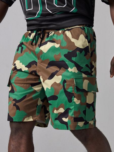 

extended sizes men drawstring waist camo flap pocket shorts b9zi#, Black