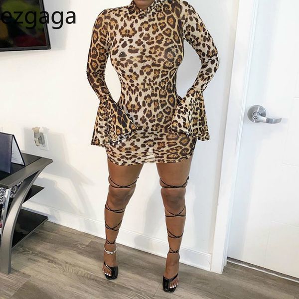 Ezgaga Bodycon Kleid Frauen Herbst Mode Lange Flare Hülse Kleider Leopard Gedruckt Oansatz Damen Sexy Punk Rave Kleid Clubwear 210430