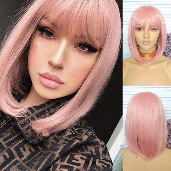 

synthetic wigs pink short bob wig heat resistant hair full machine made glueless with bangs for women, Black