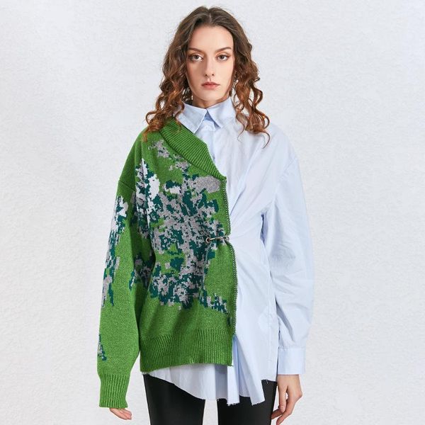 

women's blouses & shirts tunic irregular female lapel collar long sleeve high waist patchwork hit color kitting women fashion, White