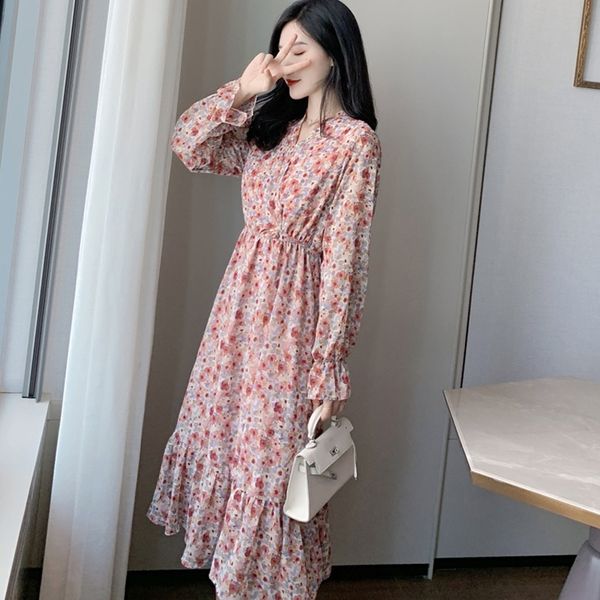 

autumn women long waist floral chiffon maxi dress 2021 v-neck ladies party dresses, Black;gray