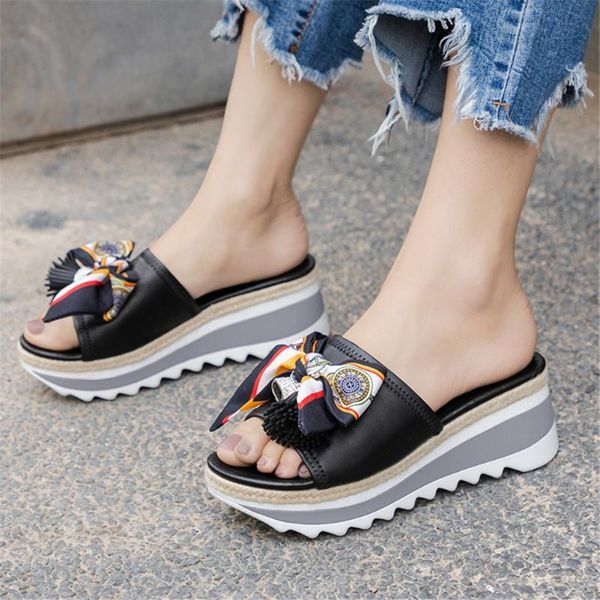 

slippers dilalula brand women's genuine leather mules ladies wedges high heels bowtie shoes woman casual outside summer, Black