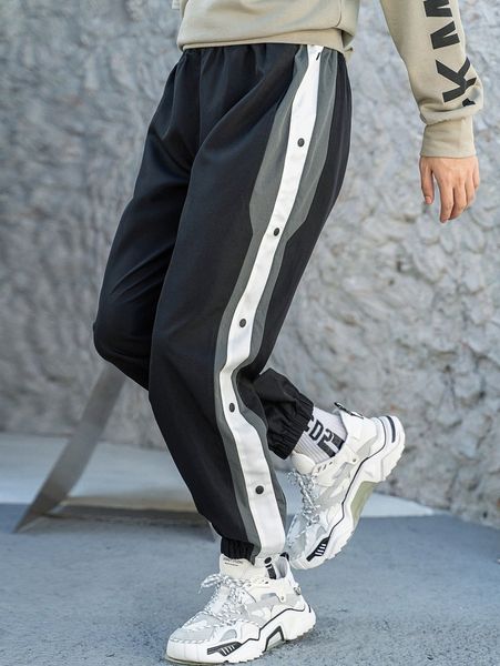 

men contrast side seam button detail pants 85sx#, Black