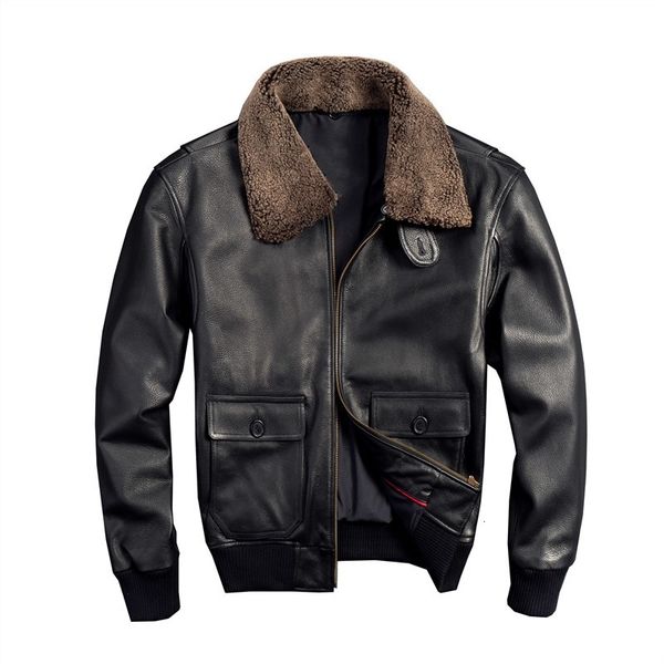 

men's leather & faux black men pilot jacket wool collar large size xxxxl genuine cowhide russian autumn coat 34od