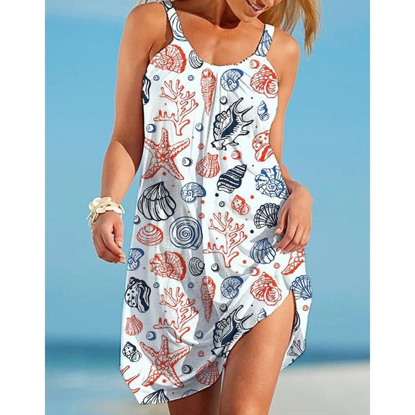 

unceremonious long-sleeved round neck strap new style 3D printing loose summer beach seabed animal octopus sling sleeveless casual dress, Black;gray