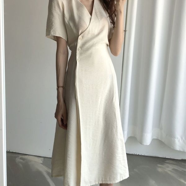 

women summer high waist v neck a-line dresses casual loose cotton and linen fold long shirt dress femme 210416, White