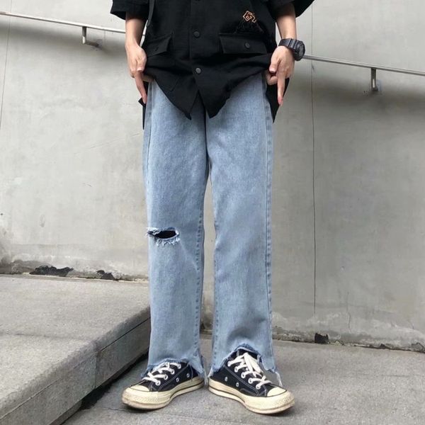 

men's jeans summer ripped wide-leg fashion retro blue men streetwear loose hip-hop hole straight denim trousers mens s-5xl g8ek